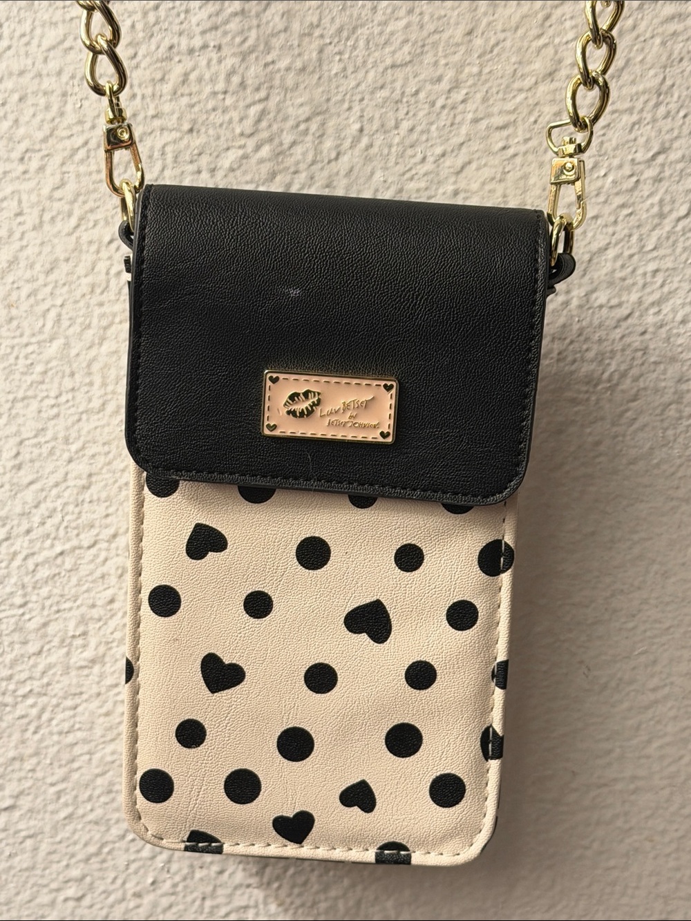 Betsey Johnson Black & Cream Polka Dot Heart Mini Crossbody